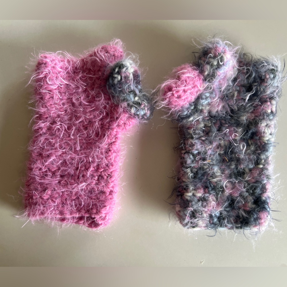 Wrist Warmer Set Fingerless Gloves Pink Grey Hand Knitted Mohair